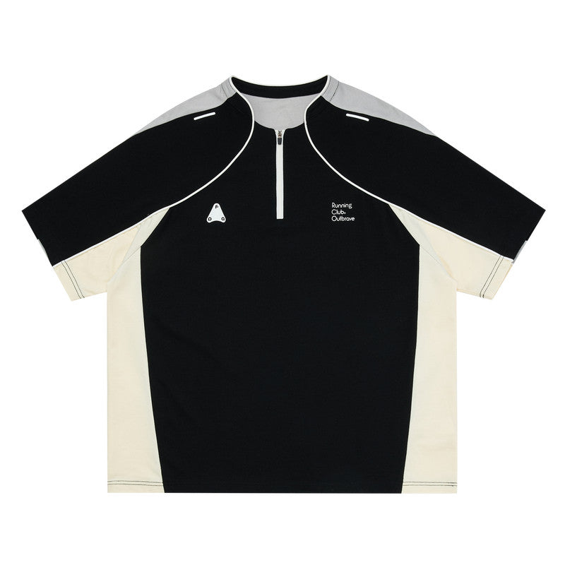 FPA Quick-Dry Sports Color-Block Short Sleeve T-Shirt, Chinese Streetwear Outdoor Cool Feeling Half-Zip Loose Unisex Short Sleeve Tee