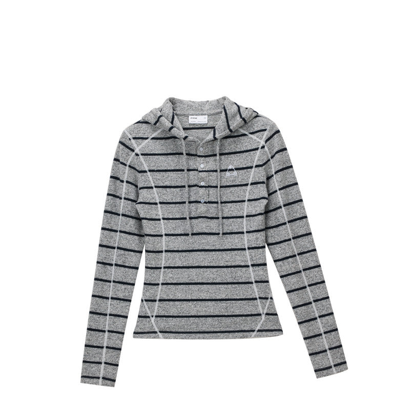 FPA Color-Block Halsey Line Henley Collar Striped Hoodie - Fall Casual Slim Fit Premium Feel Women's Hooded Sweatshirt