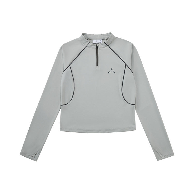FPA Color-Block Contrast Stitching Long-Sleeve Sports T-Shirt for Women, Outdoor Casual Half-Zip Cropped Slim Fit, Spring/Fall, Chinese Streetwear