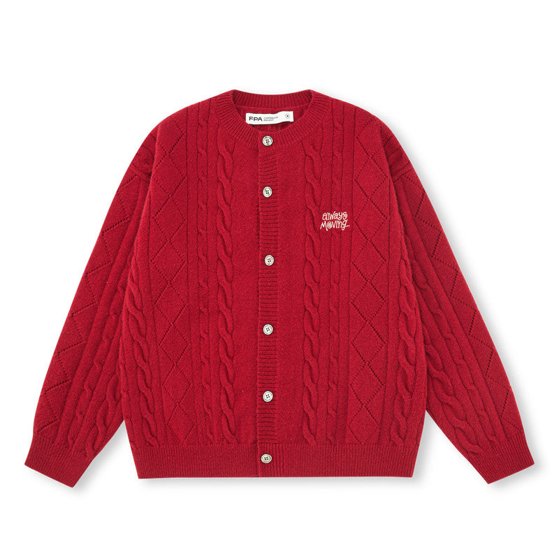 FPA Cable Knit Fall Cardigan Sweater 2026 Autumn/Winter New Arrival Round Neck Trendy Zodiac Year Red Couple Style Outerwear