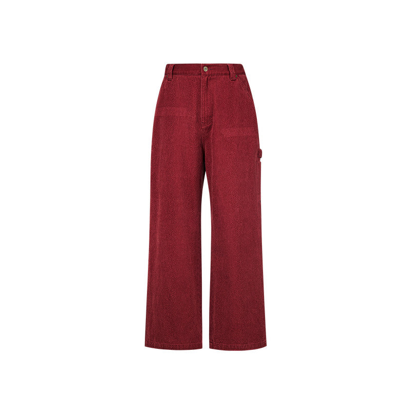 FPA Snake Year Limited Edition Snake Texture Washed Carpenter Pants - Wine Red Loose Wide-Leg Trousers for Ben Ming Nian