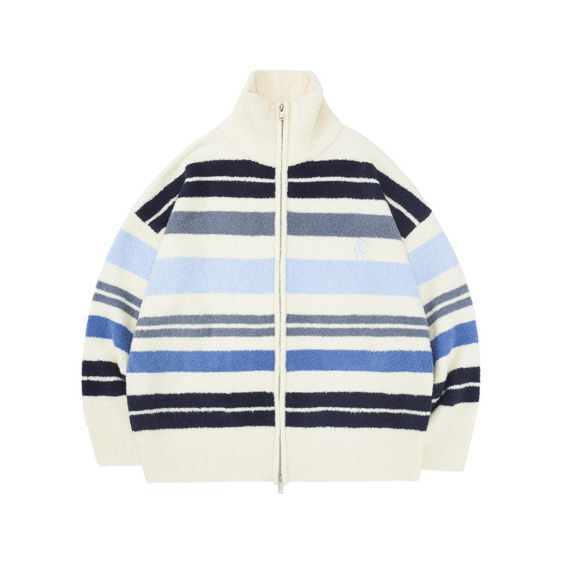 FPA Striped Contrast Color Cardigan Sweater Autumn Double Zipper Chinese Street Style Loose Casual Relaxed High Collar Coat