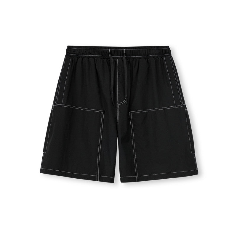 FPA Water-Repellent Woven Shorts with Visible Stitching – Summer Loose-Fit Straight-Leg Casual Mid-Length Shorts in Black