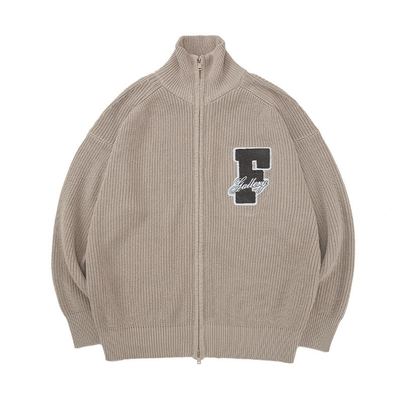 FPA Embroidered High-Neck Sweater - Chinese Streetwear Couple's Autumn/Winter Thick Knit Cardigan Jacket for Men