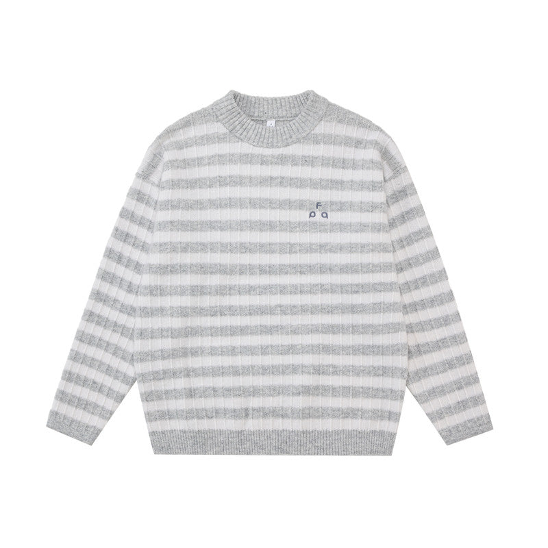 FPA Striped Crew Neck Sweater - Spring/Fall Contrast Color Casual Retro Inner Layer Couple Knit Top