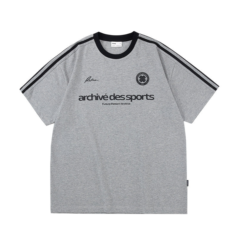 FPA Sports Panel Woven Strap Short Sleeve T-Shirt - Chinese Streetwear American Retro Loose Round Neck Printed 2026 New Style