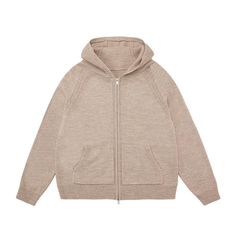 FPA Merino Wool Anti-Pilling Zip-Up Hooded Cardigan Sweater Retro Athletic Casual Knit Jacket