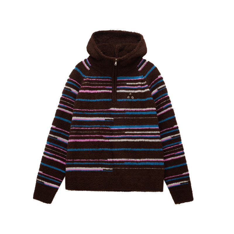 FPA Color-Block Half-Zip Pullover Persian Curl Knit Sweater - Casual Striped Hooded Knit Top for Couples, Autumn