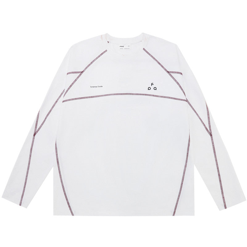 FPA Contrast Stitch Long Sleeve Tee with Triangle Logo - Chinese Streetwear Basic Crewneck, Relaxed Fit, Unisex, Autumn