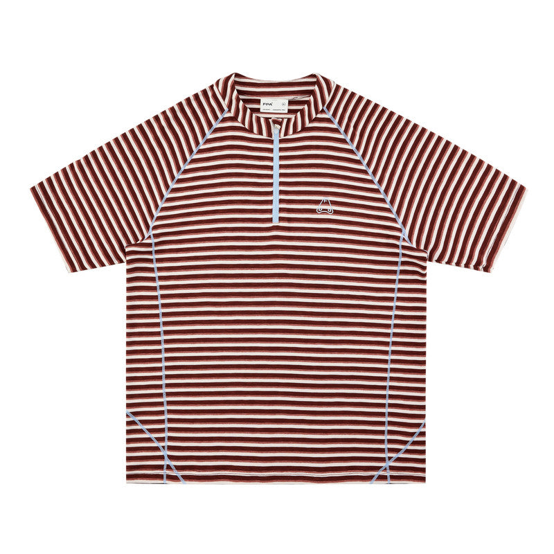 FPA Sports Knit Striped Short Sleeve T-Shirt with Contrast Half-Zip and Hacci Line, Casual Couple Style Summer Tee for Men