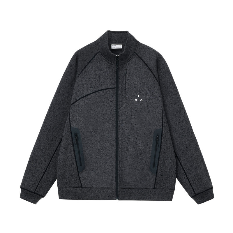 FPA Heather Yarn Seam-Sealed Pocket Cardigan Jacket - Spring Sports Casual Contrast Stitching Chinese Streetwear Unisex Stand Collar Jacket