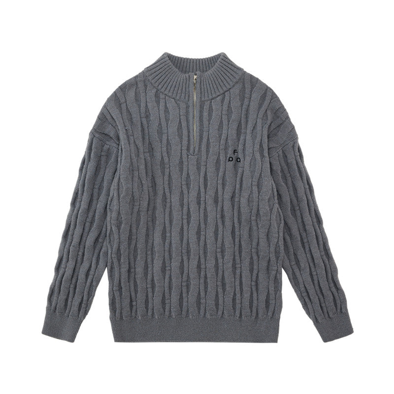 FPA Half-Zip Half-Turtleneck Cable Knit Pullover Sweater - Casual Retro Autumn Knit Top