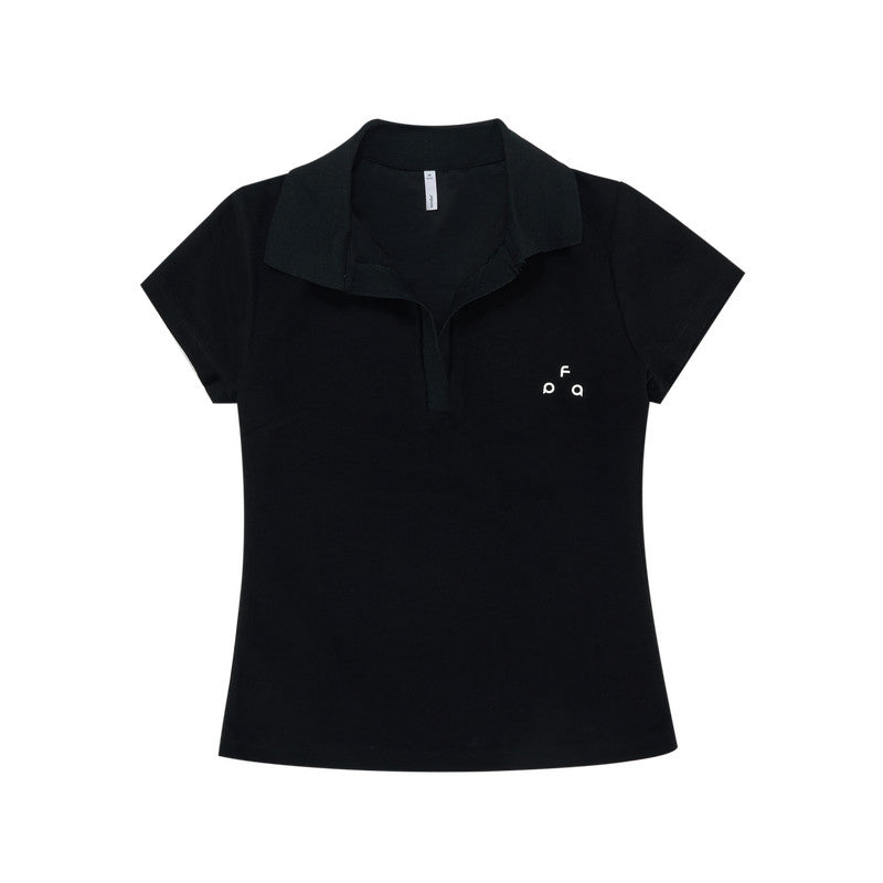 FPA Color-Block Triangle Logo Basic Polo Shirt Summer Slim Fit Short V-Neck Black White Short Sleeve T-Shirt for Women