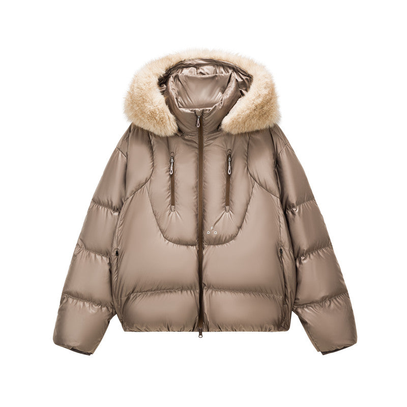 FPA Detachable Fur Collar Warm Quilted Down Jacket with Hood for Couples