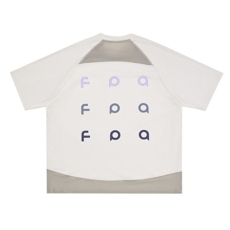 FPA Gradient Logo Textured Patchwork Short Sleeve T-Shirt - Chinese Streetwear Trend Summer Crew Neck Heavyweight Tee for Couples