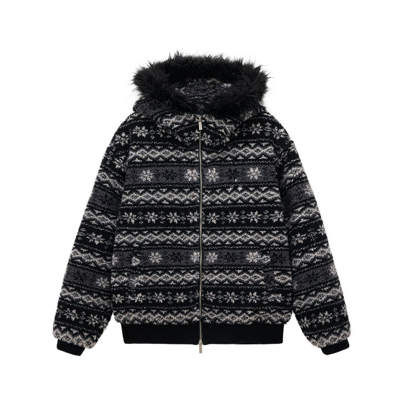 FPA Fair Isle Ethnic Style Faux Fur Collar 3M Cotton Padded Jacket – Winter Premium Warmth Couple Retro Cotton Coat