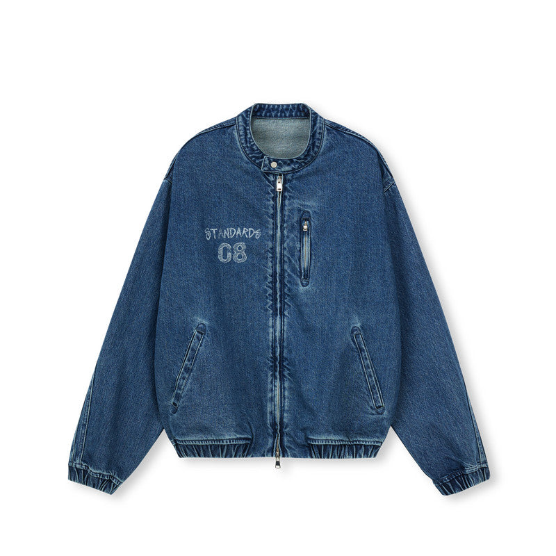 FPA Washed Denim Harrington Jacket - Chinese Streetwear Trend Short Couple Style Loose Design Casual Outerwear