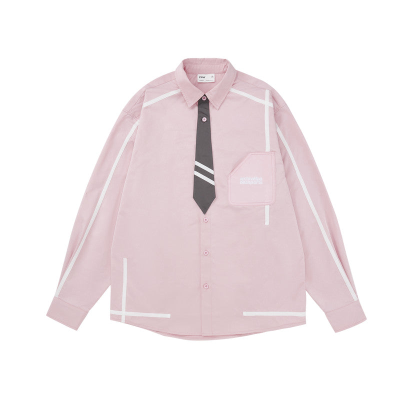 FPA Webbing Patch Fake Tie Long-Sleeve Shirt 2023 New Spring/Autumn Chinese Streetwear Loose-Fit Men's Shirt