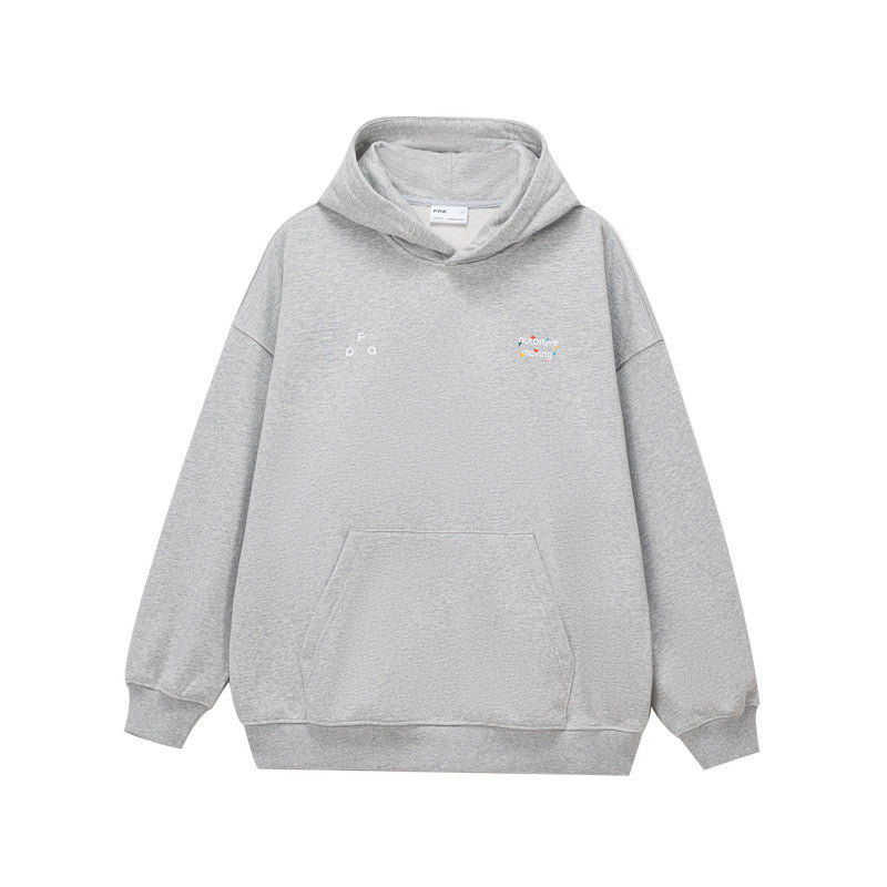 FPA Warm Fleece Hooded Sweatshirt for Couples – Streetwear Pullover with Printed Design, Autumn/Winter, Black & Heather Gray