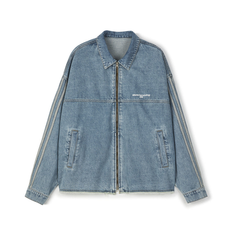 FPA Washed Fringed Denim Jacket – Chinese Streetwear Trend, American Loose Fit, Unisex Collared Jacket for Men