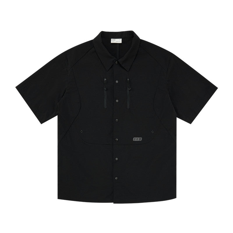 FPA Sports Structure Double-Stripe Reflective Short-Sleeve Shirt - Chinese Streetwear Summer Loose Couple Camp Collar Half-Sleeve Shirt for Men