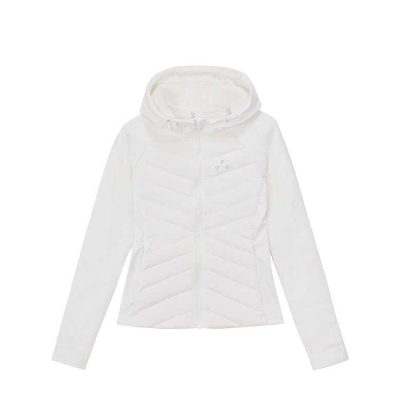 FPA Women's Hooded Quilted Down Jacket with Contrast Panels, Autumn/Winter Outdoor Sports Warm White Down Coat