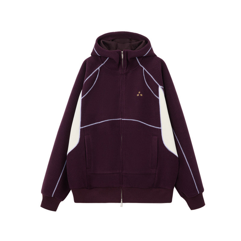 FPA Color-Block Contrast Stitch Grid Fleece Zip-Up Hoodie – Relaxed Retro Sweatshirt for Spring