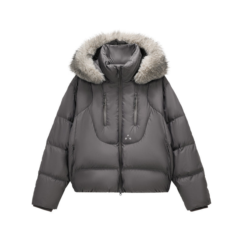 FPA Detachable Fur Collar Warm Quilted Down Jacket with Hood for Couples