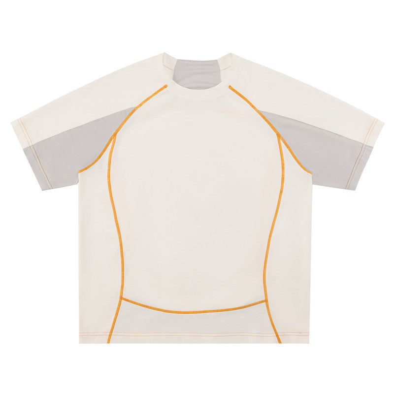 FPA Textured Color-Block Quick-Dry Short Sleeve T-Shirt for Outdoor Sports, Round Neck, Unisex, Retro Summer Tee