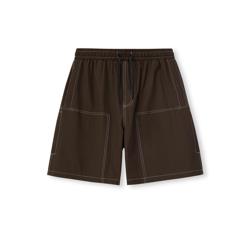 FPA Water-Repellent Woven Shorts with Visible Stitching – Summer Loose-Fit Straight-Leg Casual Mid-Length Shorts in Black