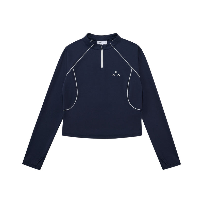 FPA Color-Block Contrast Stitching Long-Sleeve Sports T-Shirt for Women, Outdoor Casual Half-Zip Cropped Slim Fit, Spring/Fall, Chinese Streetwear