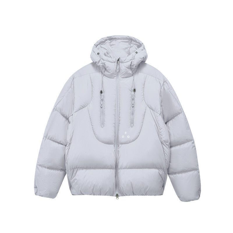 FPA Double-Zip Hooded Down Jacket with Structured Silhouette, Winter Warm 90% White Duck Down, Couple Style in Gray-White
