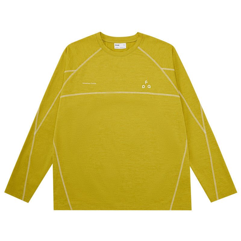 FPA Contrast Stitch Long Sleeve Tee with Triangle Logo - Chinese Streetwear Basic Crewneck, Relaxed Fit, Unisex, Autumn