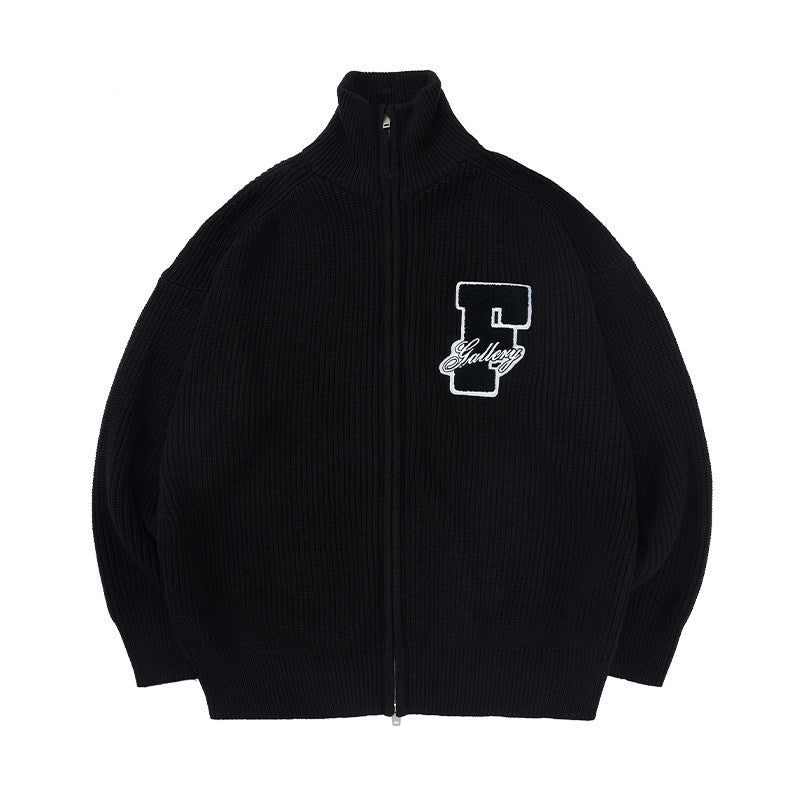 FPA Embroidered High-Neck Sweater - Chinese Streetwear Couple's Autumn/Winter Thick Knit Cardigan Jacket for Men