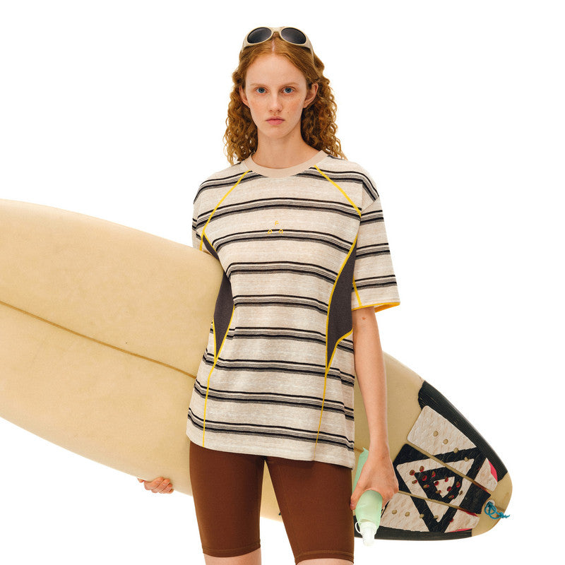 FPA Mesh Panel Stripe Short Sleeve Summer Round Neck Contrast Color Couple Casual Outdoor Sports Breathable T-Shirt