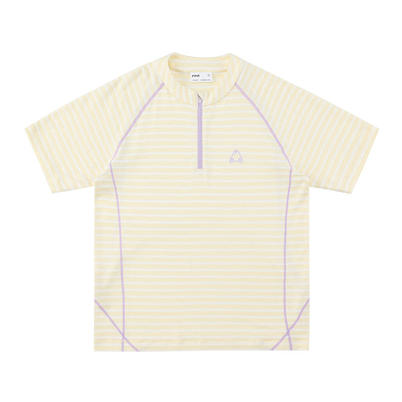 FPA Sports Knit Striped Short Sleeve T-Shirt with Contrast Half-Zip and Hacci Line, Casual Couple Style Summer Tee for Men