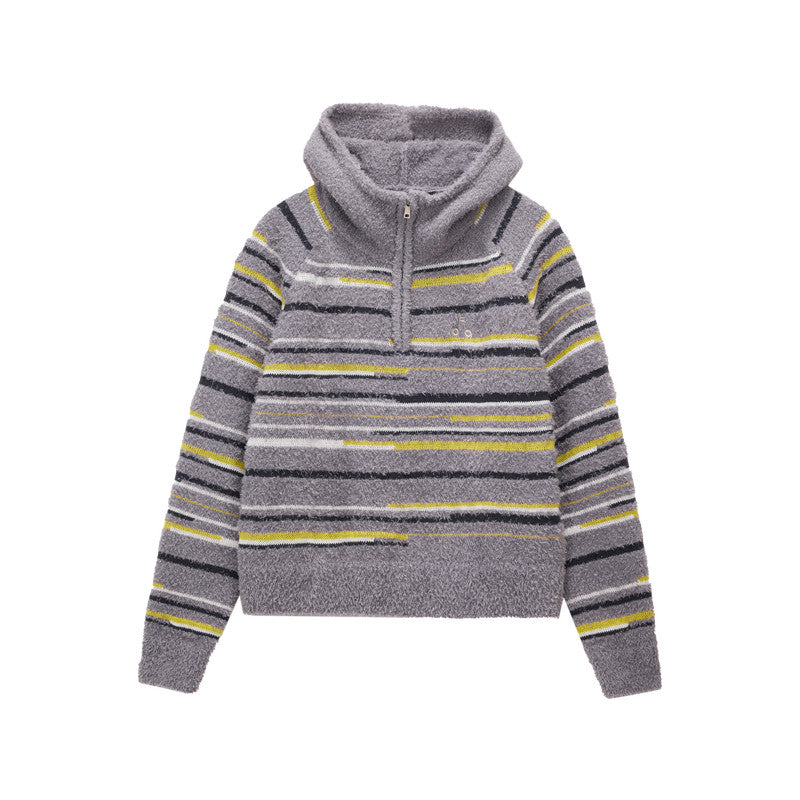 FPA Color-Block Half-Zip Pullover Persian Curl Knit Sweater - Casual Striped Hooded Knit Top for Couples, Autumn