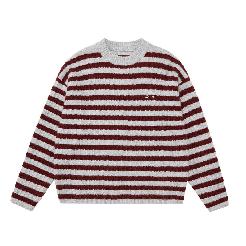 FPA Striped Crew Neck Sweater - Spring/Fall Contrast Color Casual Retro Inner Layer Couple Knit Top