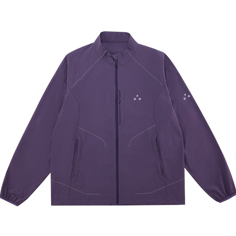 FPA Stand Collar Textured Horizontal Stripe Thin Reflective Sports Jacket - Spring Outdoor Loose Zip-Up Couple Jacket
