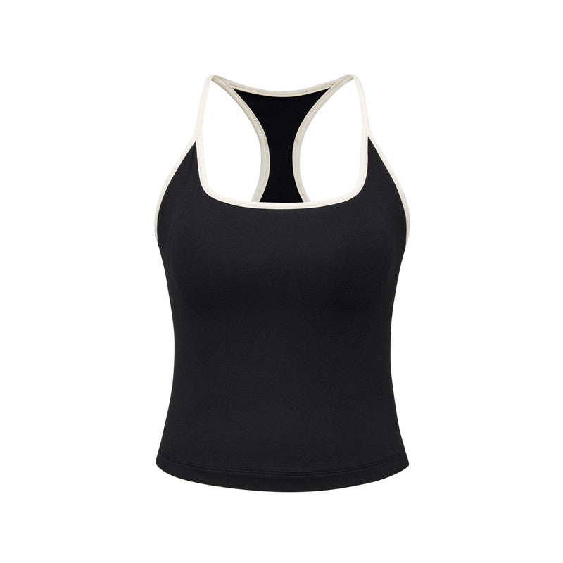 FPA High Elasticity Back Logo Camisole with Padded Bra, Summer Contrast Color Sports Yoga Fitted Undershirt Tank Top for Women
