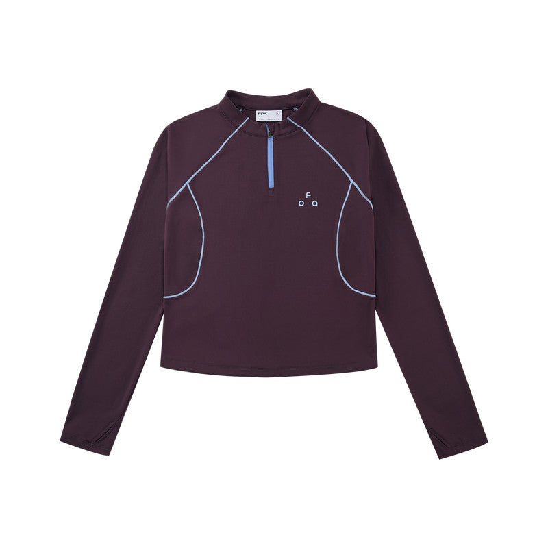 FPA Color-Block Contrast Stitching Long-Sleeve Sports T-Shirt for Women, Outdoor Casual Half-Zip Cropped Slim Fit, Spring/Fall, Chinese Streetwear