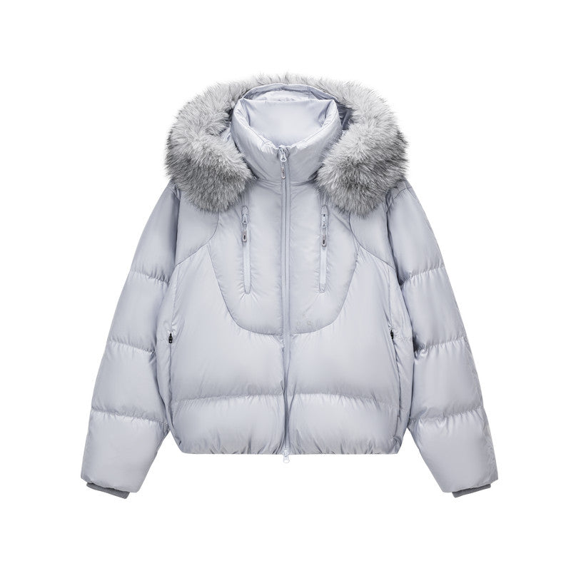 FPA Detachable Fur Collar Warm Quilted Down Jacket with Hood for Couples