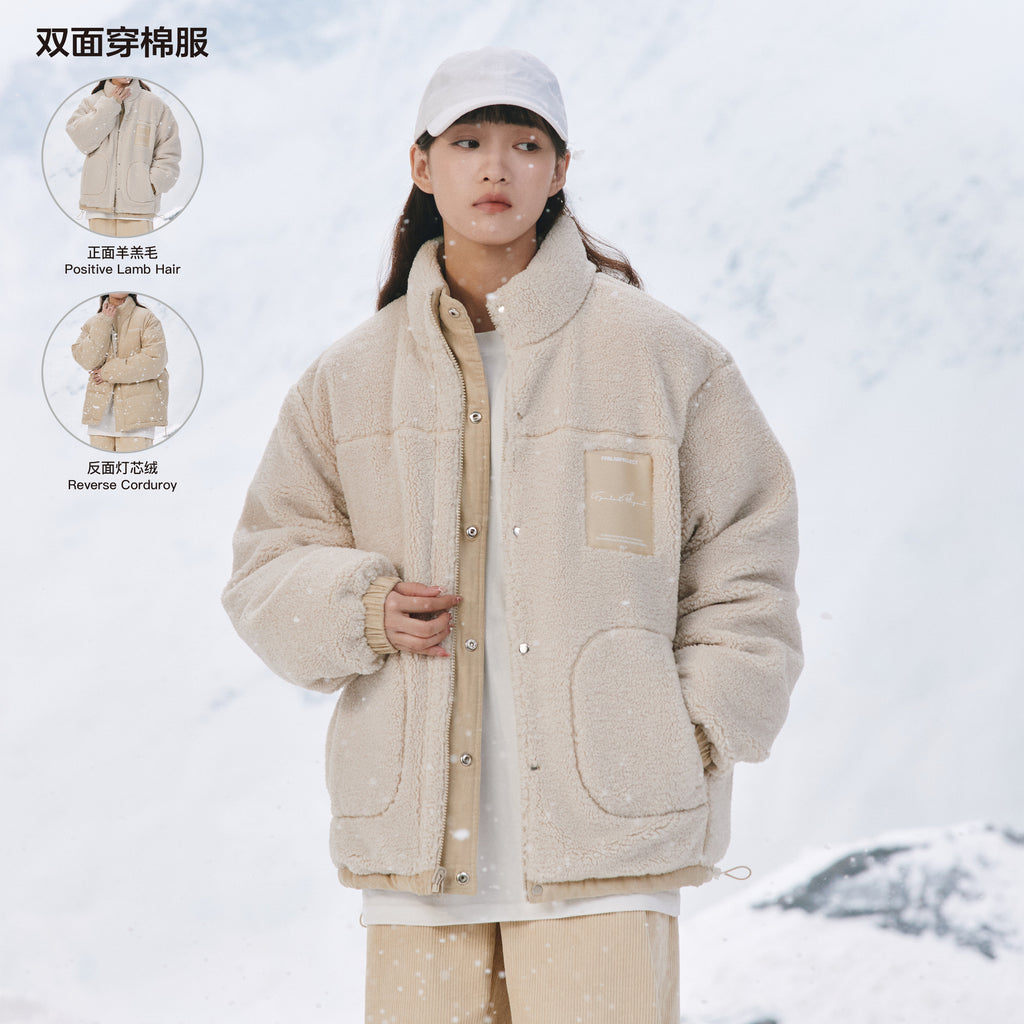 FPA Reversible Sherpa-Lined Corduroy Cotton Jacket Winter Thick Warm Chinese Streetwear Couple Style Cotton Coat for Men