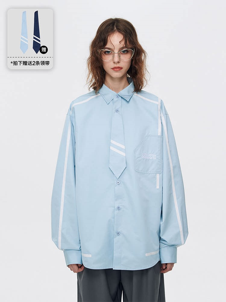 FPA Webbing Patch Fake Tie Long-Sleeve Shirt 2023 New Spring/Autumn Chinese Streetwear Loose-Fit Men's Shirt