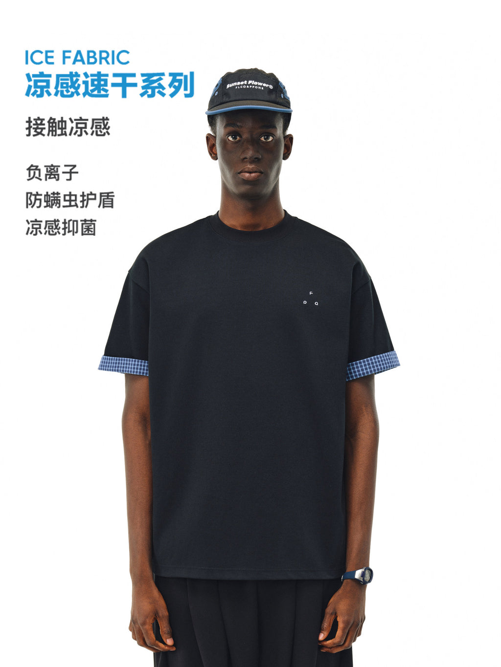 FPA Cool-Touch Quick-Dry Anti-Mite Short Sleeve T-Shirt, Chinese Streetwear Summer Crew Neck Couple Design Trendy Patchwork Black Tee