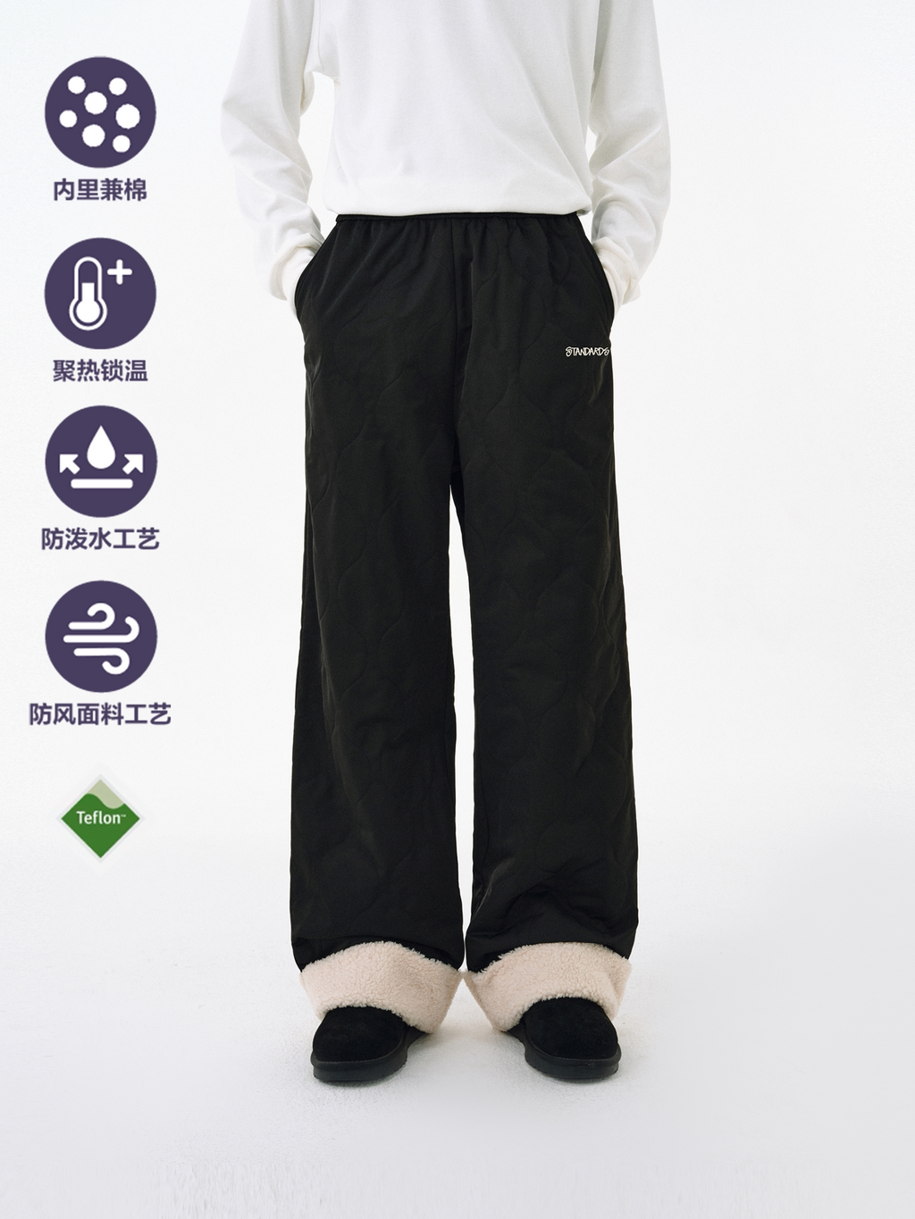 FPA Heavy-Duty Water-Repellent Quilted Cotton Pants with Fleece Lining – Winter Thickened Warm Streetwear Loose Straight-Leg Trousers