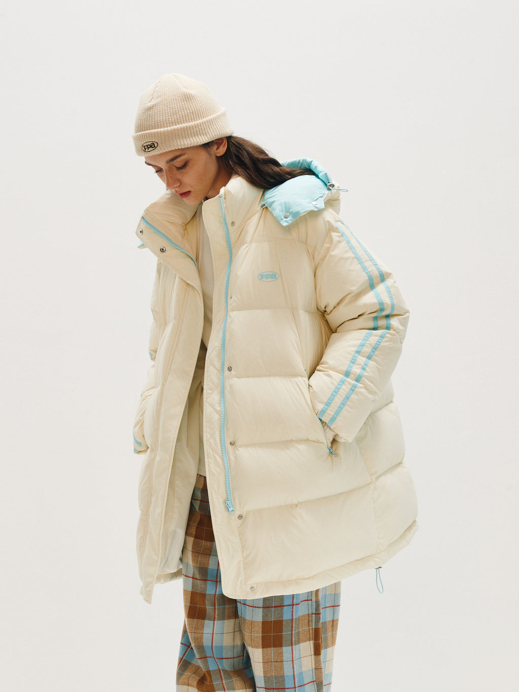 FPA Color-Block Hooded Mid-Length Down Jacket, Chinese Streetwear Brand, Loose Unisex Winter Thick Down Coat for Men
