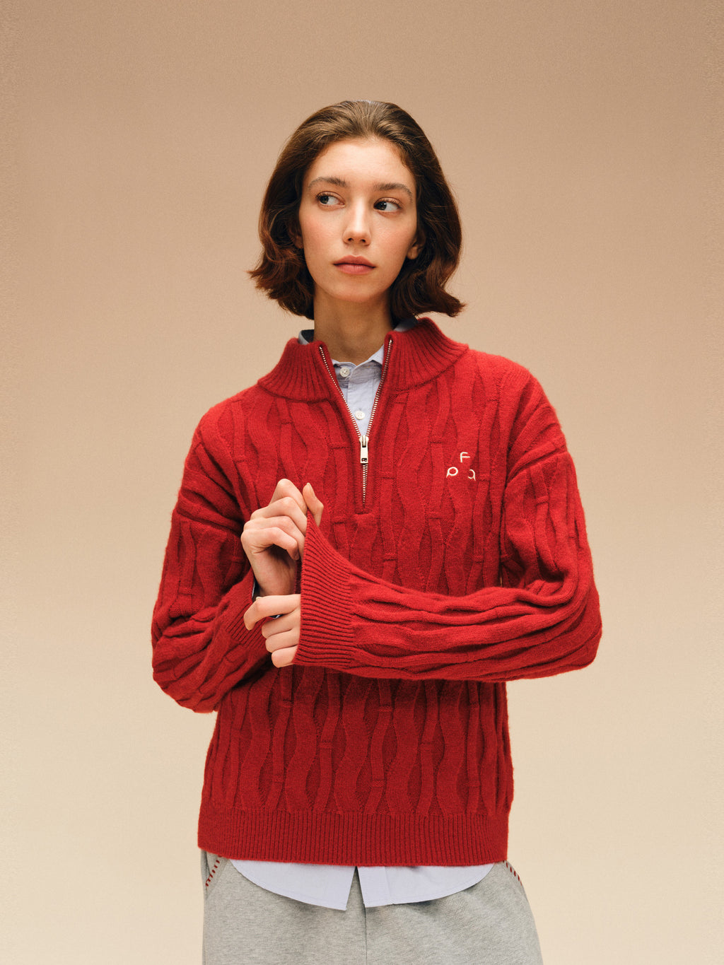 FPA Zip-Up Half-Zip Cable Knit Pullover Sweater - Chinese Red Couple Knitwear for Spring, Year of the Horse