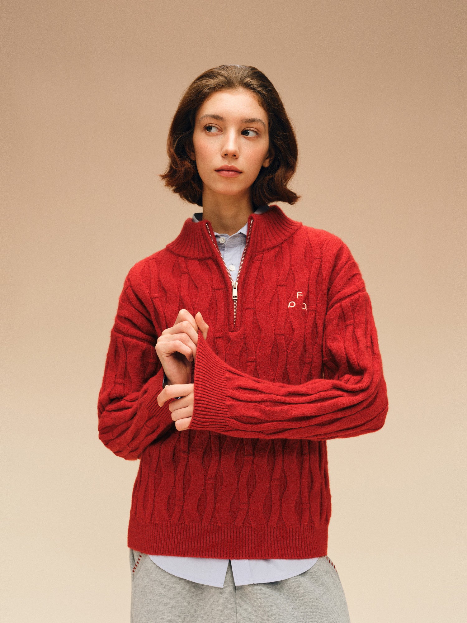 FPA Zip-Up Half-Zip Cable Knit Pullover Sweater - Chinese Red Couple Knitwear for Spring, Year of the Horse
