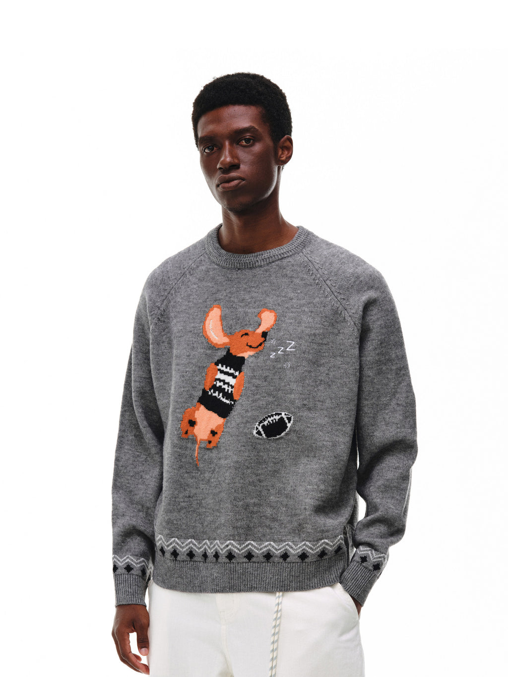 FPA Fair Isle Sleeping Dog Jacquard Crew Neck Sweater – Chinese Streetwear Couple Inner Layer Pullover Autumn/Winter Knit Top